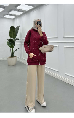 Sare Fashion Stoned Zippered Raised Sweater Burgundy