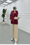 Sare Fashion Stoned Zippered Raised Sweater Burgundy