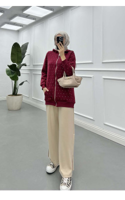 Sare Fashion Stoned Zippered Raised Sweater Burgundy
