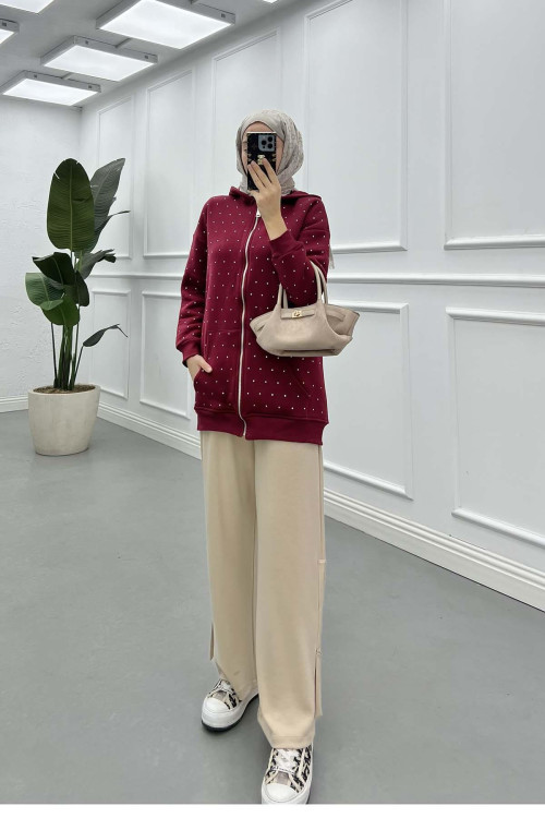 Sare Fashion Stoned Zippered Raised Sweater Burgundy