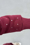 Sare Fashion Stoned Zippered Raised Sweater Burgundy