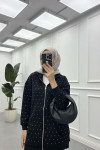 Sare Fashion Stoned Zippered Raised Sweater Black