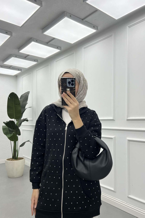 Sare Fashion Stoned Zippered Raised Sweater Black
