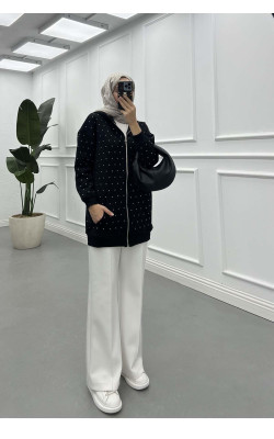 Sare Fashion Stoned Zippered Raised Sweater Black
