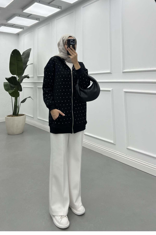 Sare Fashion Stoned Zippered Raised Sweater Black