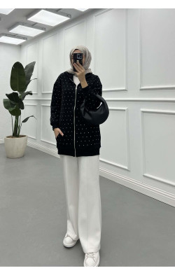 Sare Fashion Stoned Zippered Raised Sweater Black