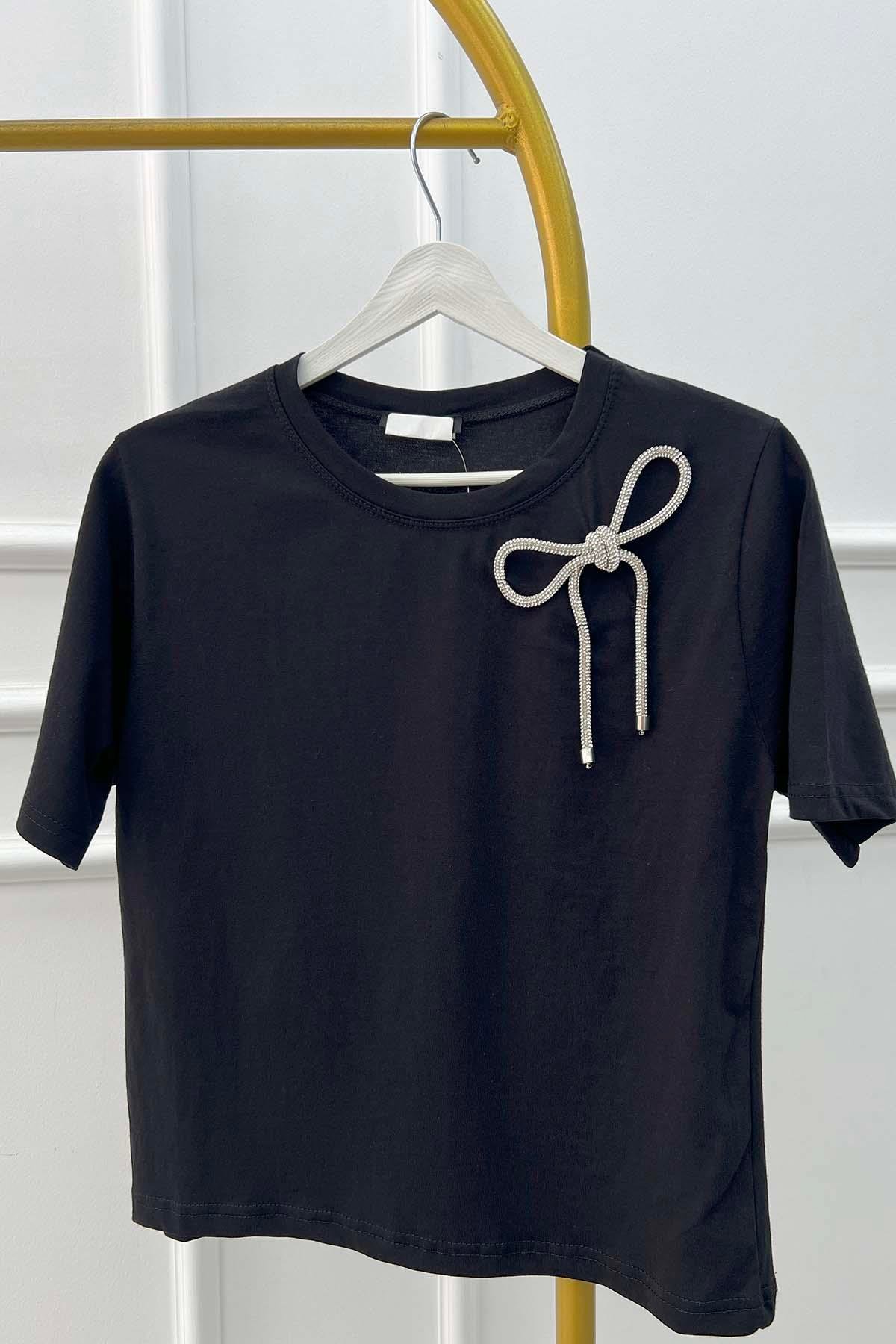 Sare Fashion Stone Bow Detailed T-shirt Black