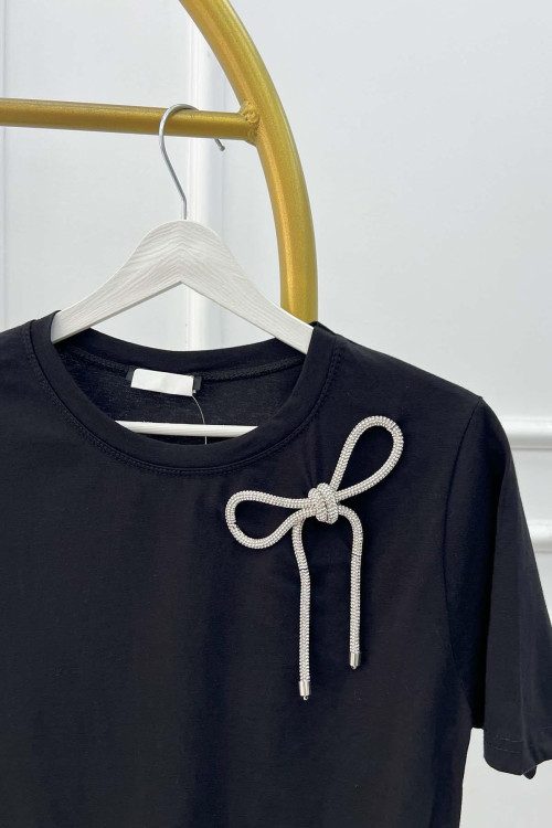 Sare Fashion Stone Bow Detailed T-shirt Black
