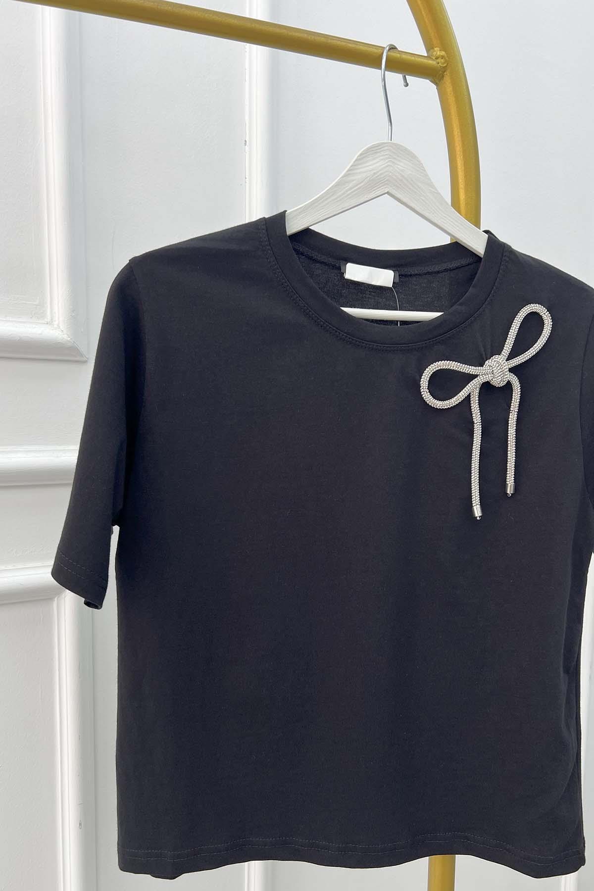 Sare Fashion Stone Bow Detailed T-shirt Black