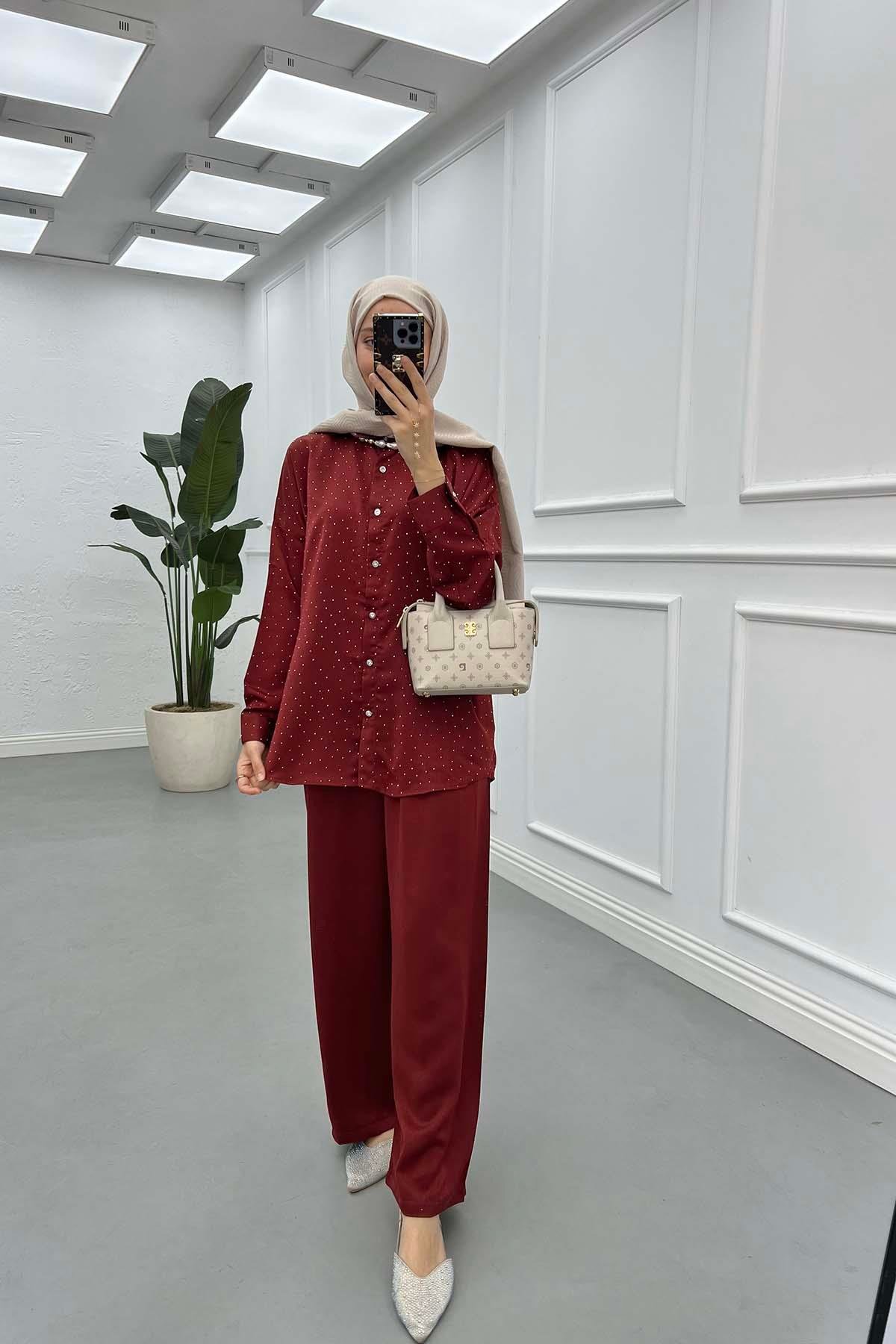 Sare Fashion Stone Shirt Set Claret Red