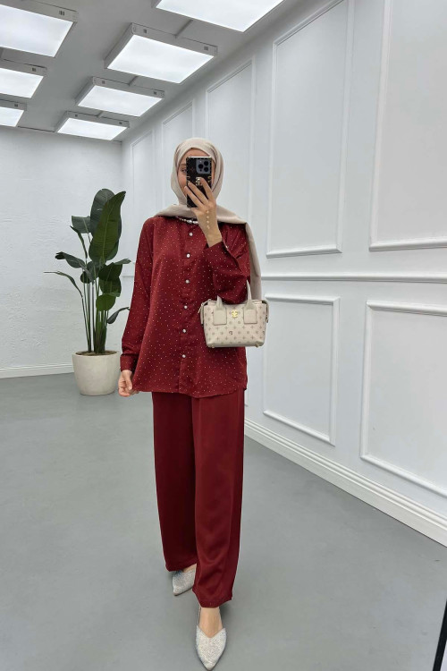 Sare Fashion Stone Shirt Set Claret Red