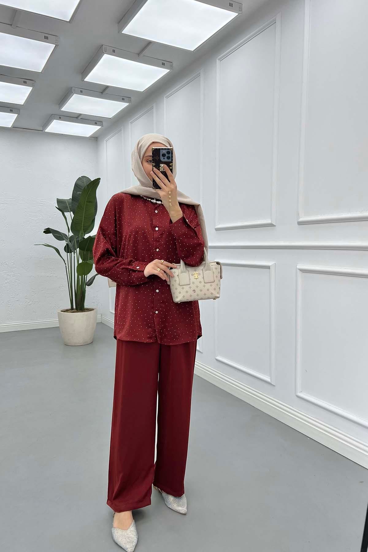 Sare Fashion Stone Shirt Set Claret Red