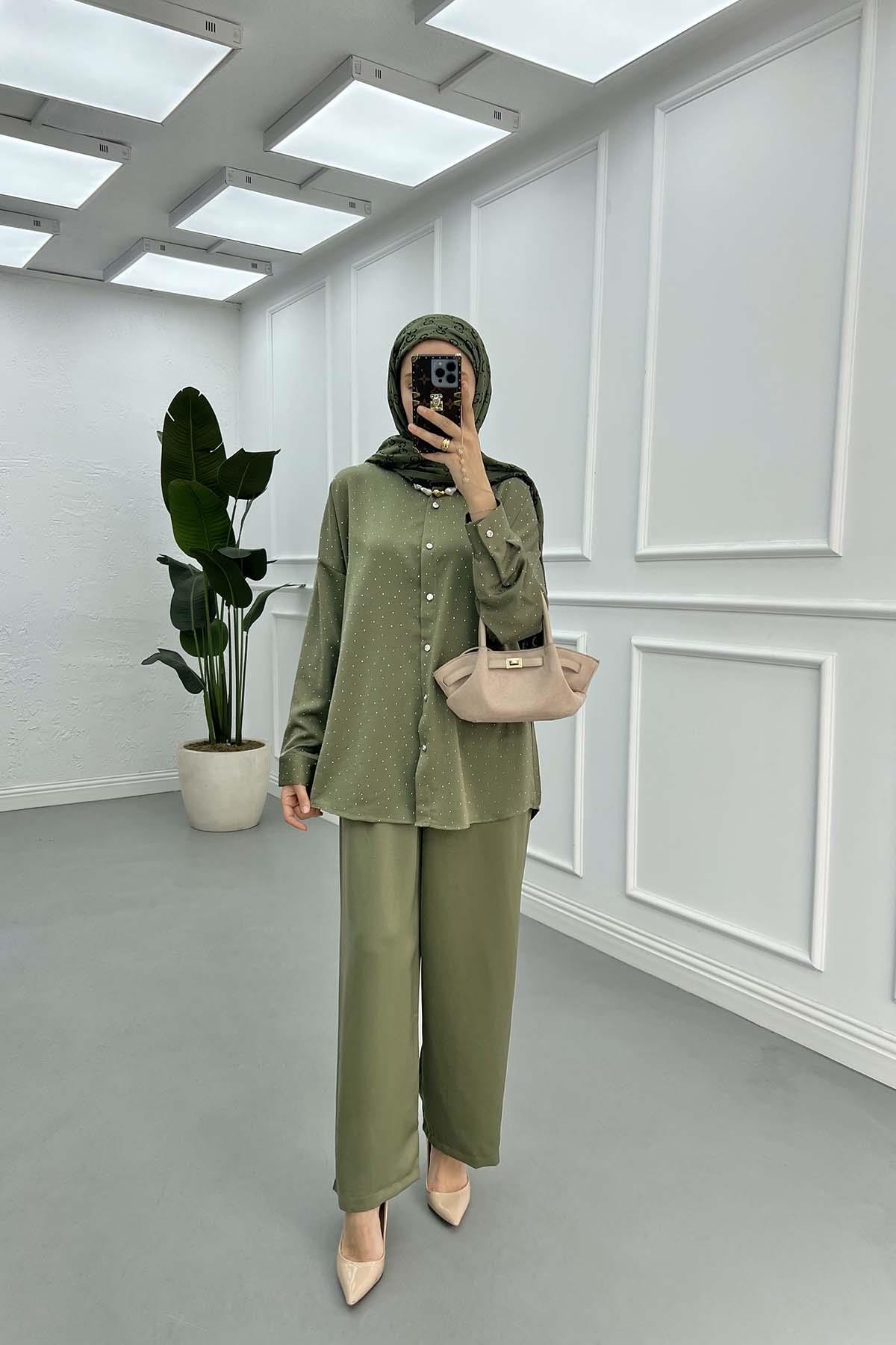Sare Fashion Stone Shirt Set Khaki