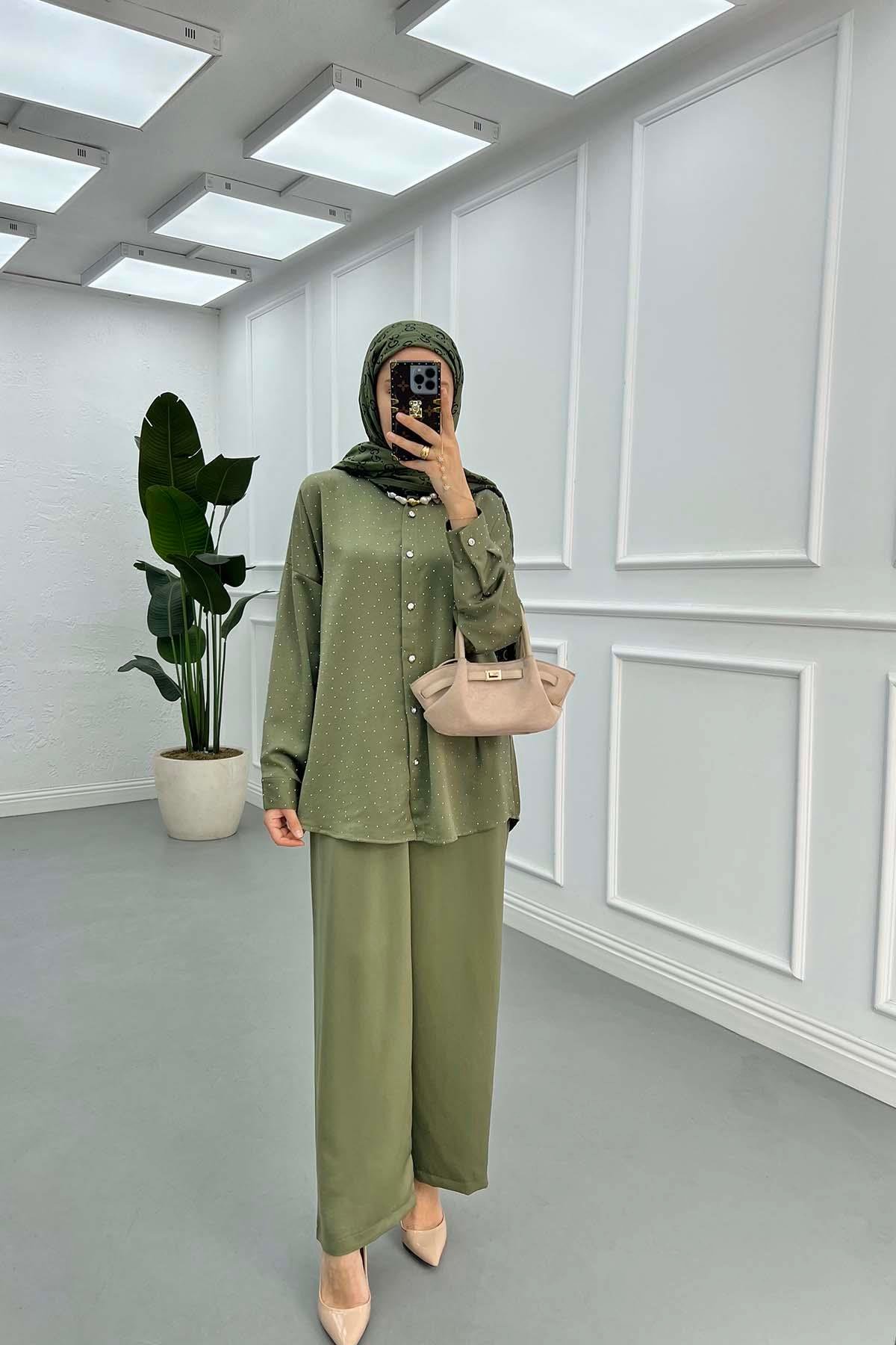 Sare Fashion Stone Shirt Set Khaki