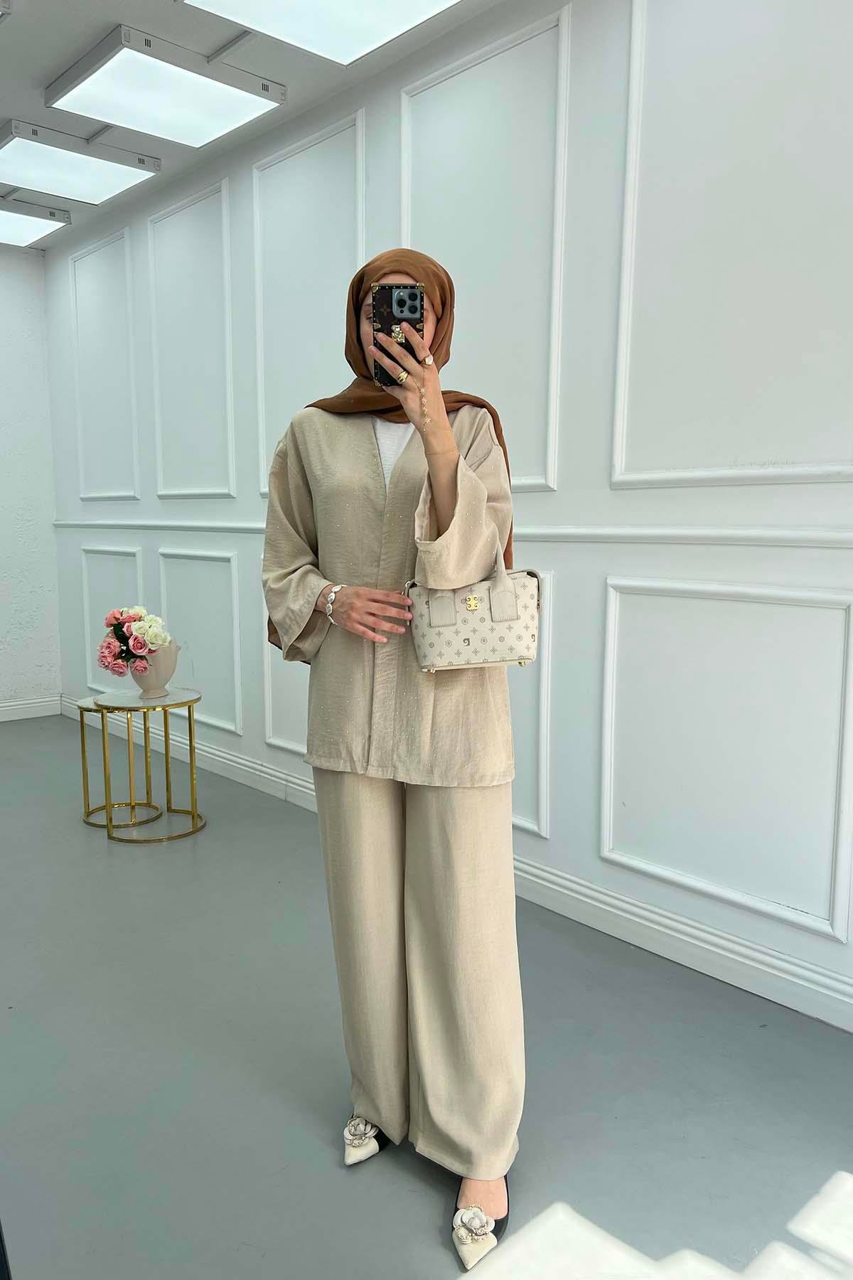 Sare Fashion Stoned Kimono Set Beige