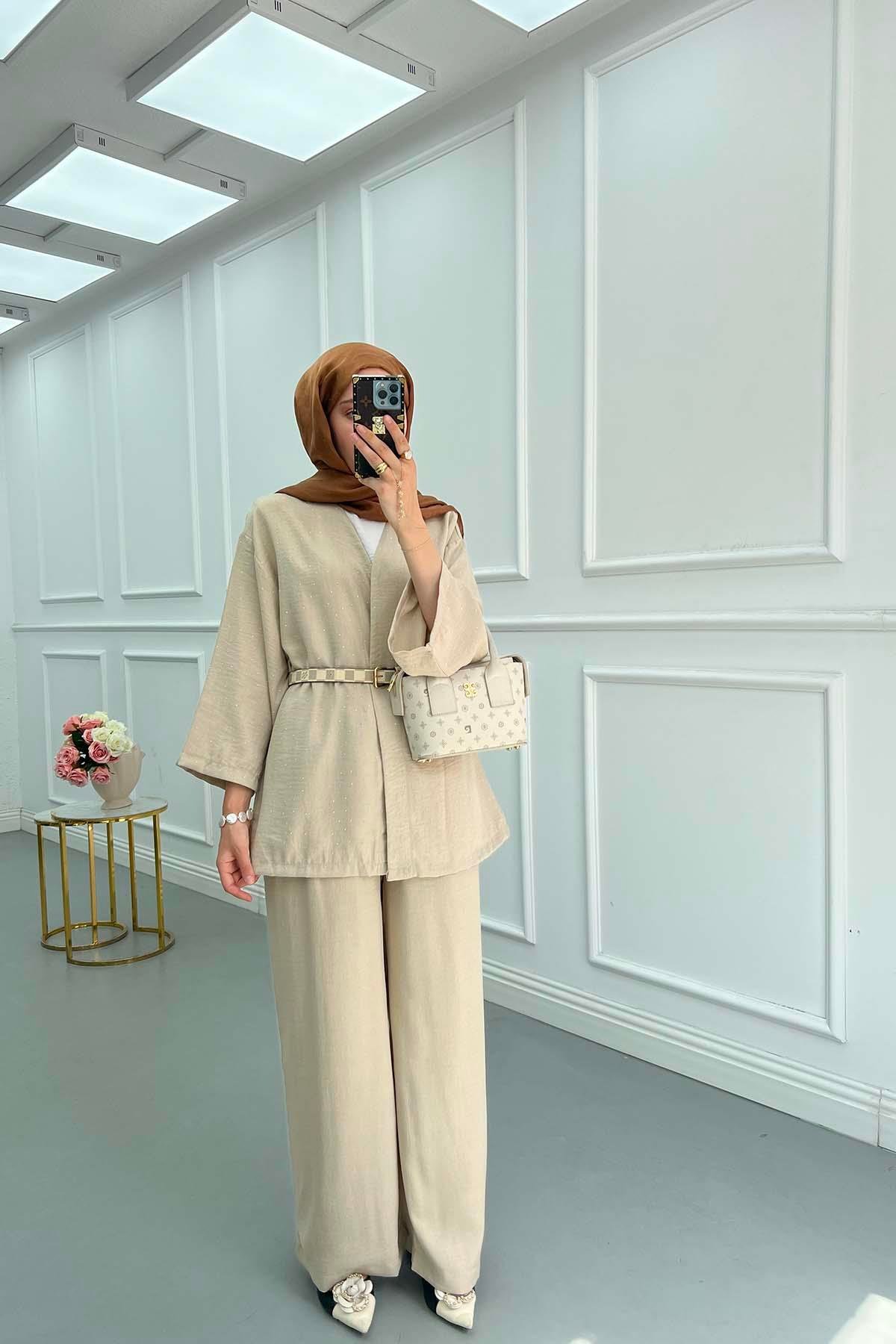 Sare Fashion Stoned Kimono Set Beige