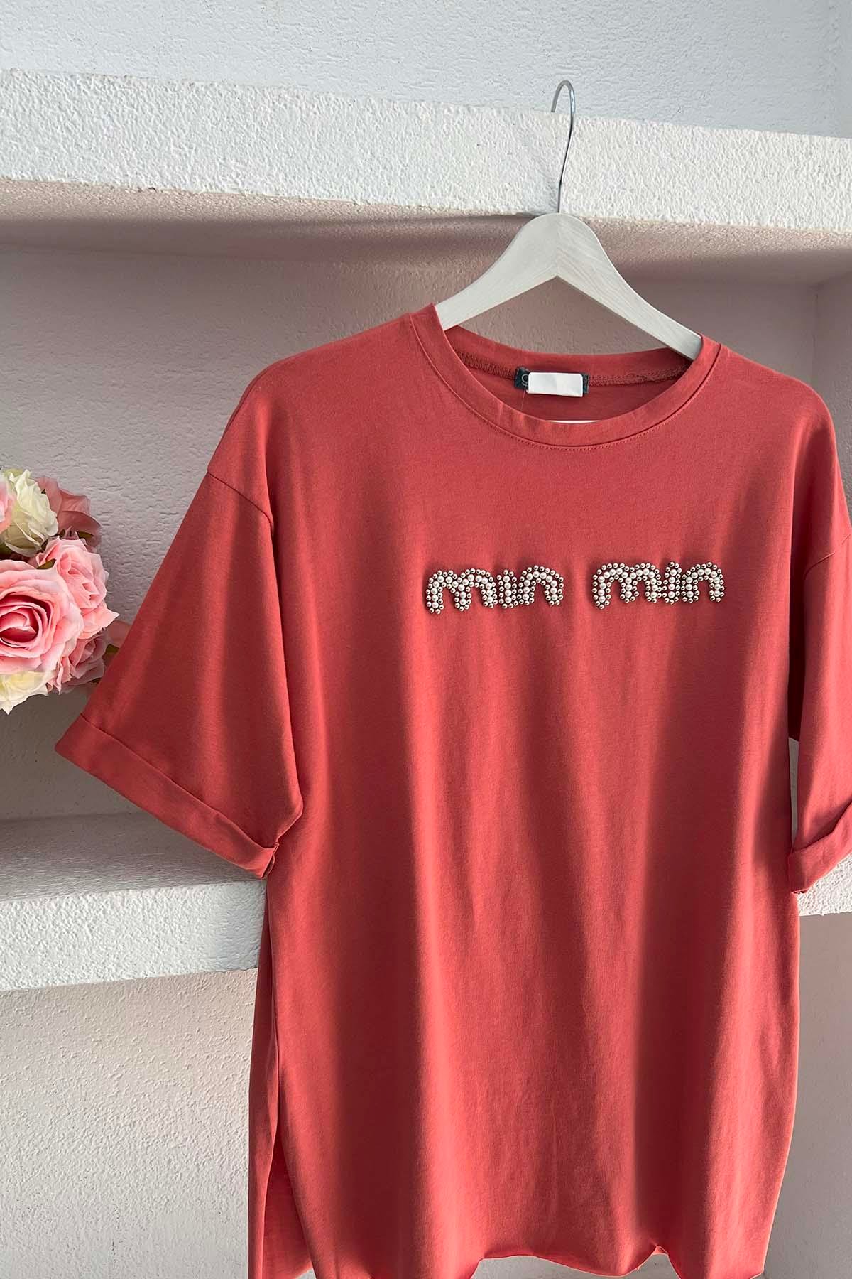 Sare Fashion Stone Mın Tshirt Salmon