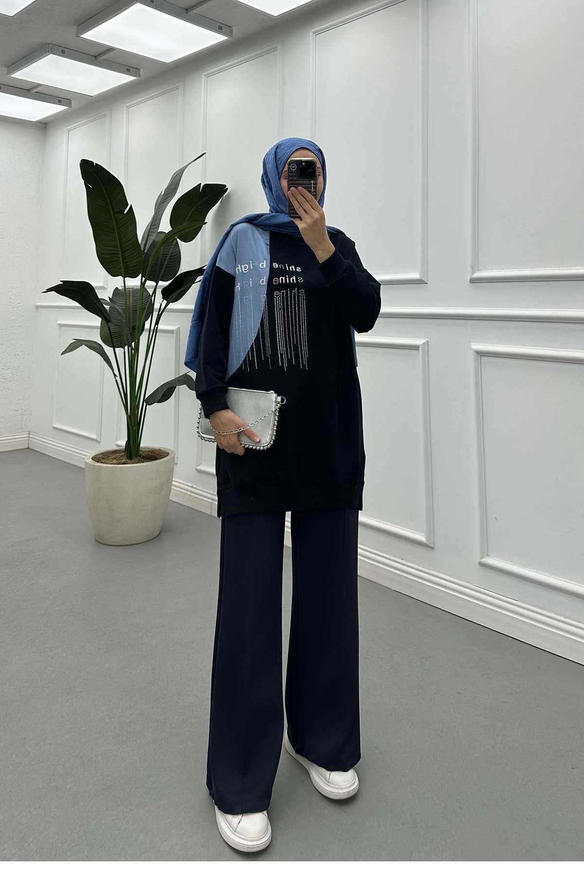 Sare Fashion Stone Embroidered Two Thread Tunic Navy Blue