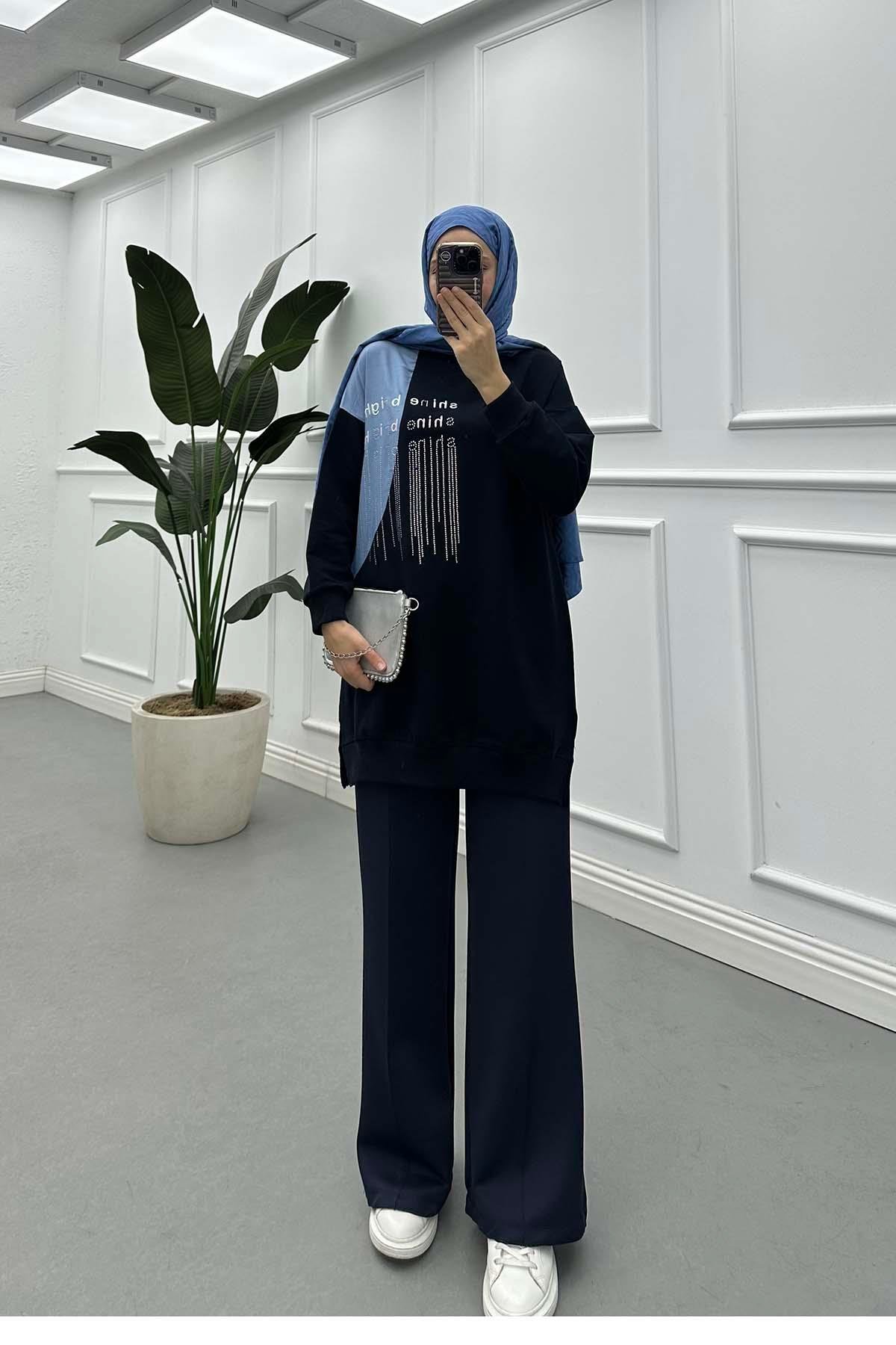 Sare Fashion Stone Embroidered Two Thread Tunic Navy Blue