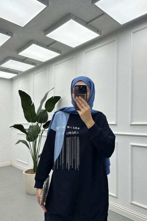 Sare Fashion Stone Embroidered Two Thread Tunic Navy Blue Sare Fashion Stone Embroidered Two Thread Tunic Navy Blue