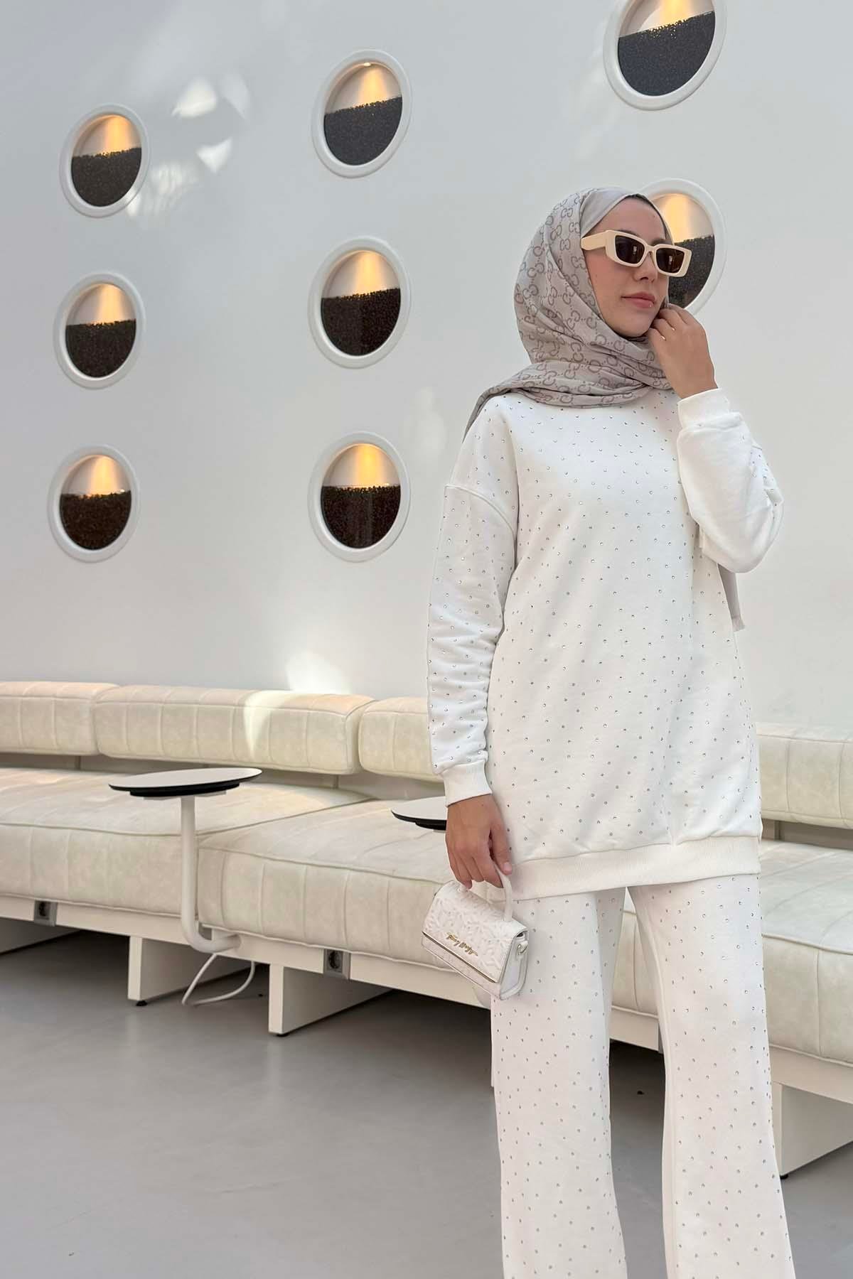 Sare Fashion Stoned Oysh Sweat Suit White