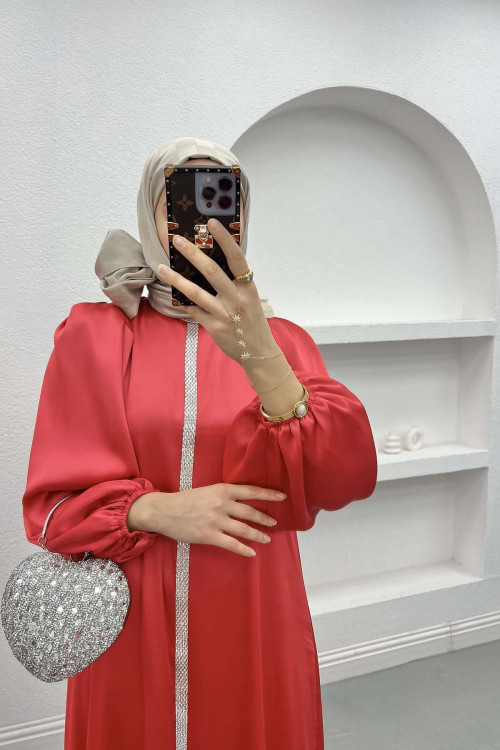 Stone Satin Dress Coral