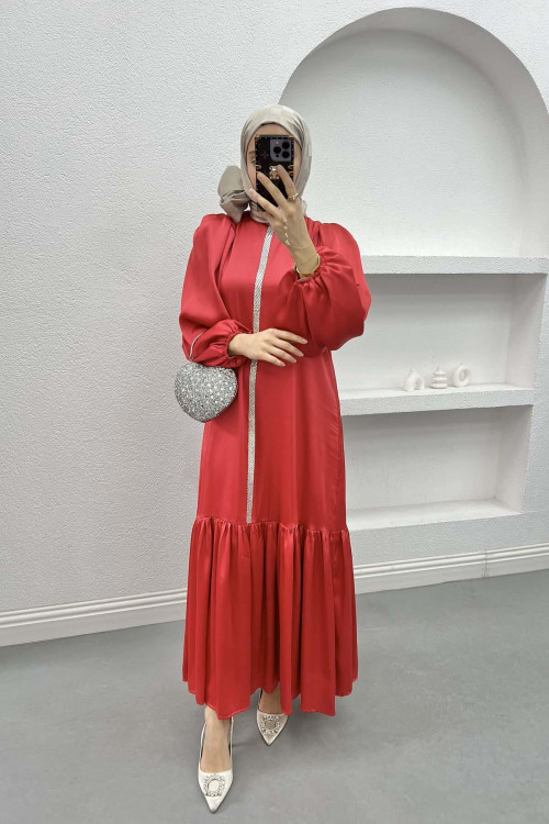 Stone Satin Dress Coral