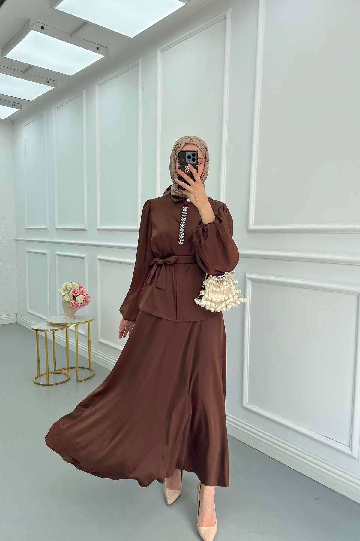 Sare Fashion Stone Satin Skirt Set Brown