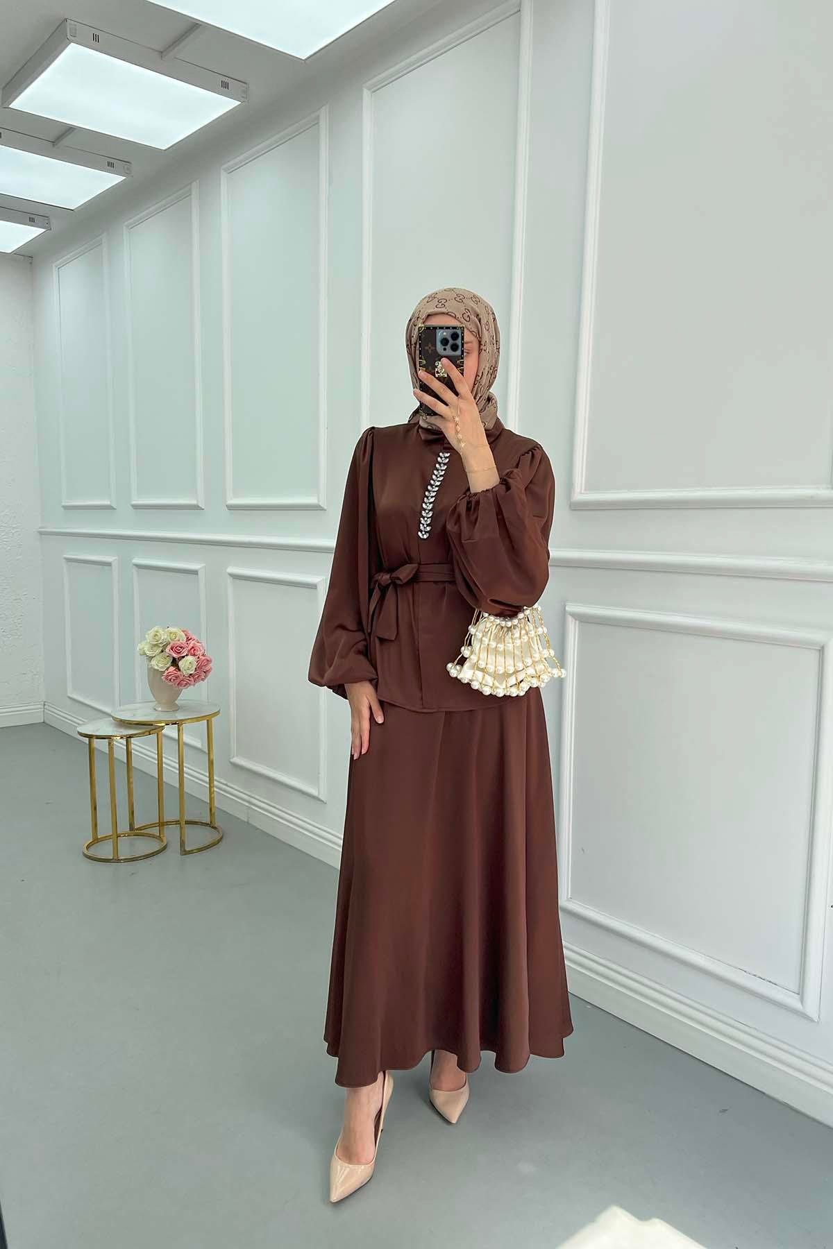 Sare Fashion Stone Satin Skirt Set Brown