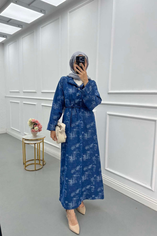 Sare Fashion Texture Pattern Denim Dress Blue