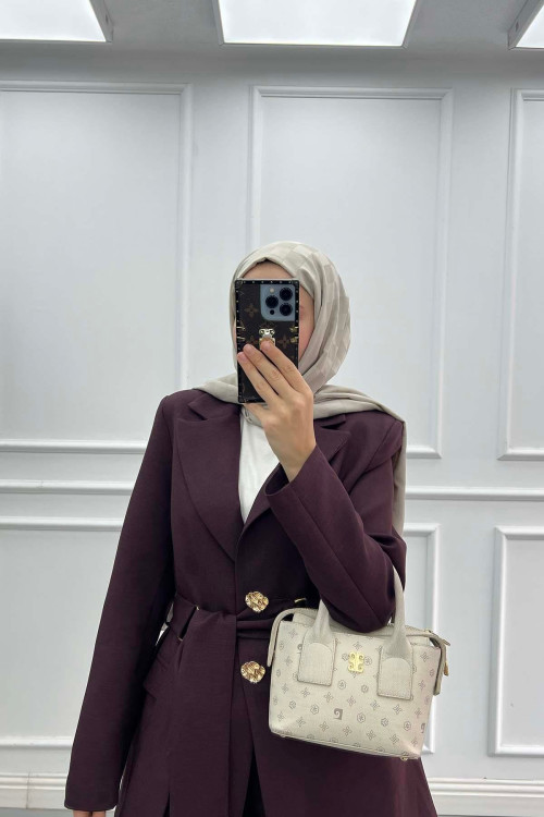 Sare Fashion Buckled Belted Lined Jacket Set Burgundy Sare Fashion Buckled Belted Lined Jacket Set Burgundy