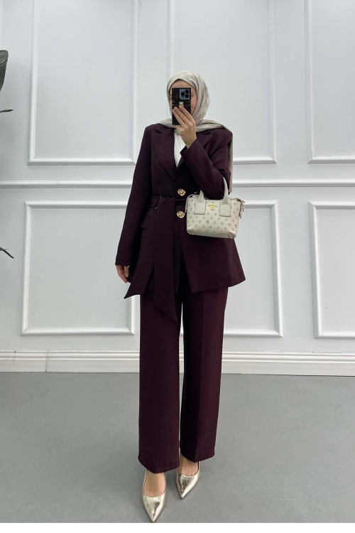 Sare Fashion Buckled Belted Lined Jacket Set Burgundy Sare Fashion Buckled Belted Lined Jacket Set Burgundy