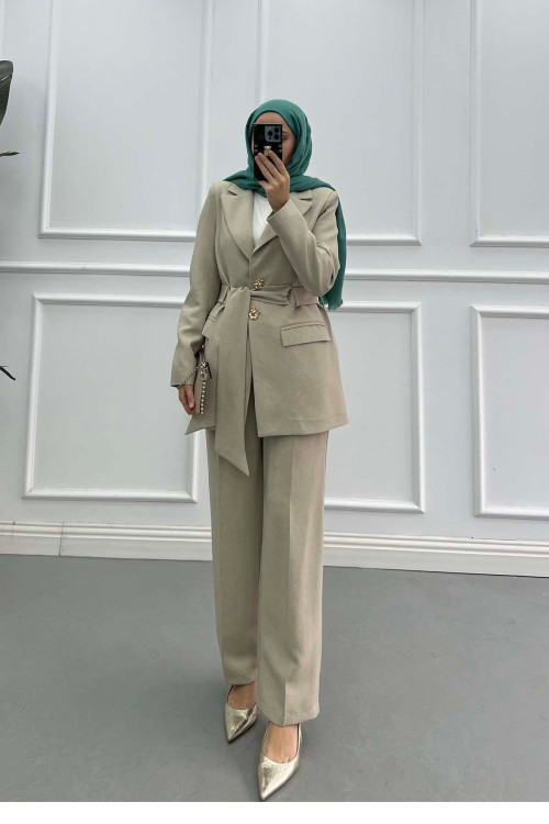 Sare Fashion Buckled Belted Lined Jacket Set Stone