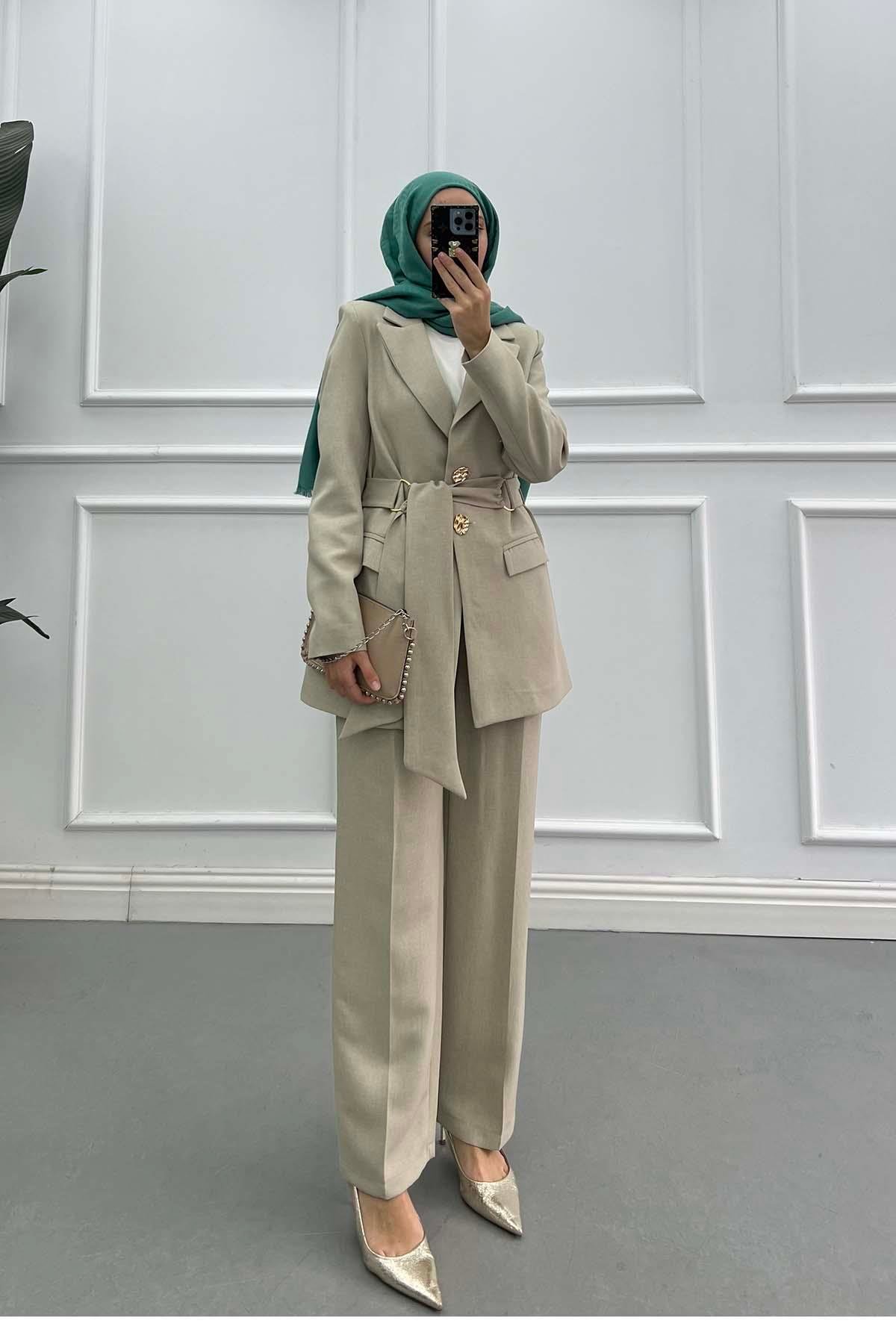 Sare Fashion Buckled Belted Lined Jacket Set Stone