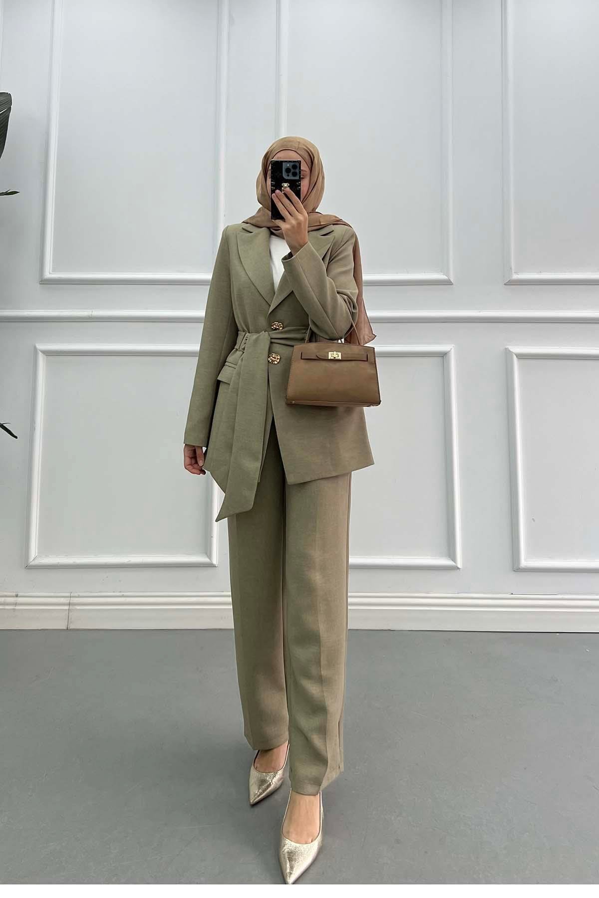 Sare Fashion Buckled Belted Lined Jacket Set Green