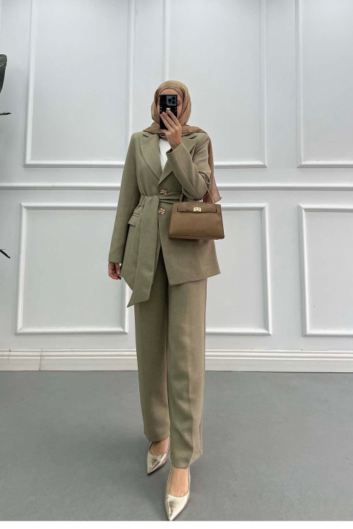 Sare Fashion Buckled Belted Lined Jacket Set Green Sare Fashion Buckled Belted Lined Jacket Set Green