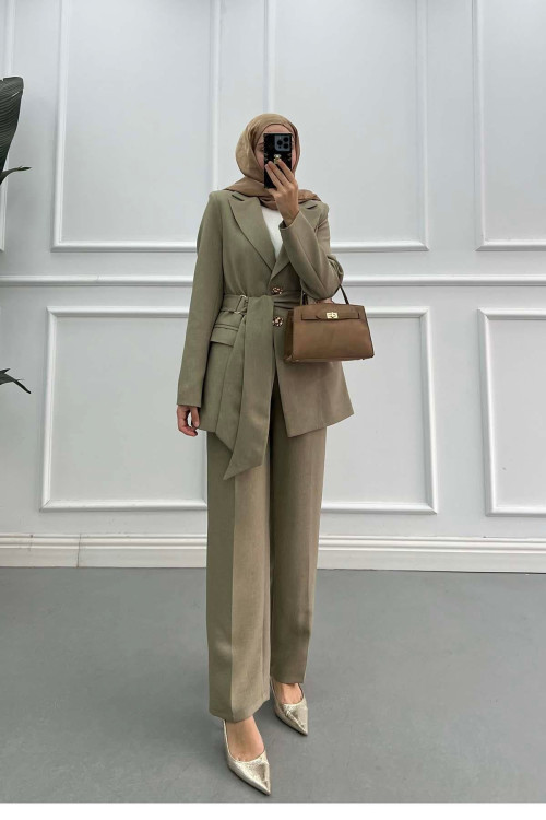 Sare Fashion Buckled Belted Lined Jacket Set Green Sare Fashion Buckled Belted Lined Jacket Set Green