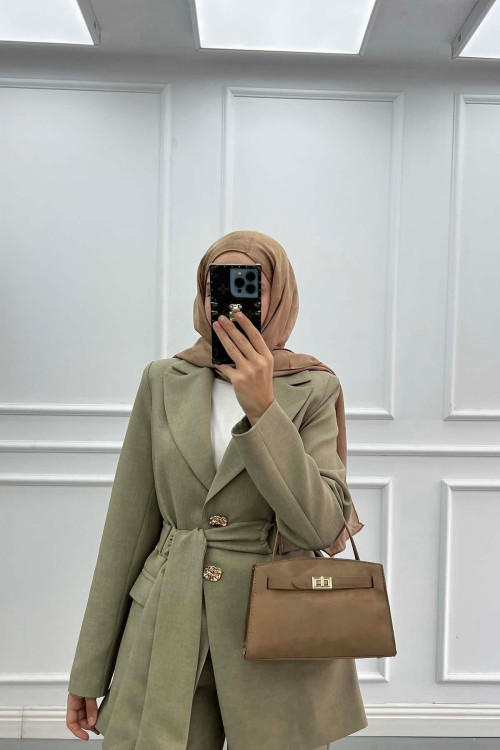 Sare Fashion Buckled Belted Lined Jacket Set Green Sare Fashion Buckled Belted Lined Jacket Set Green