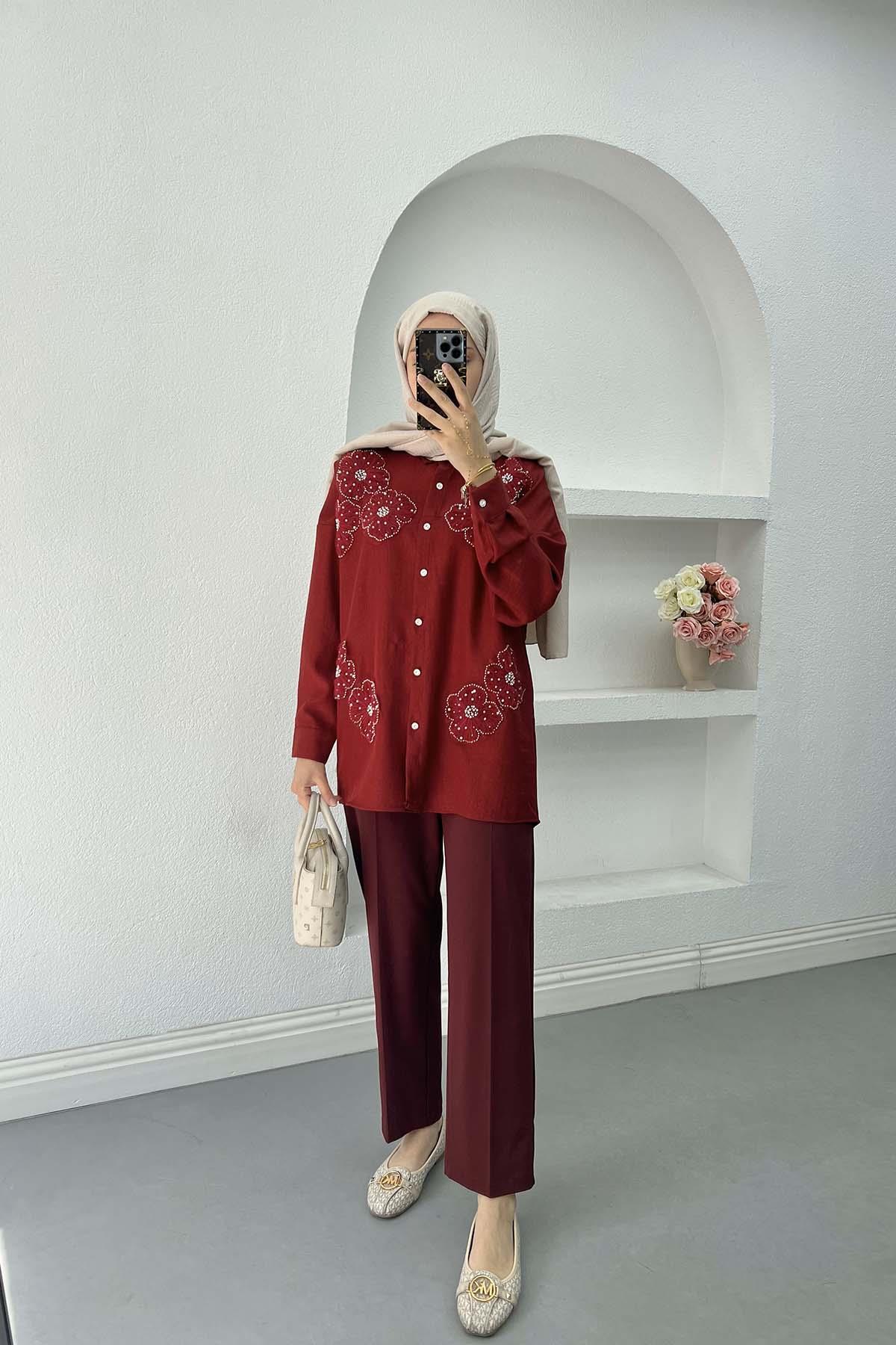 Sare Fashion Tulle Floral Beaded Embroidered Shirt Burgundy
