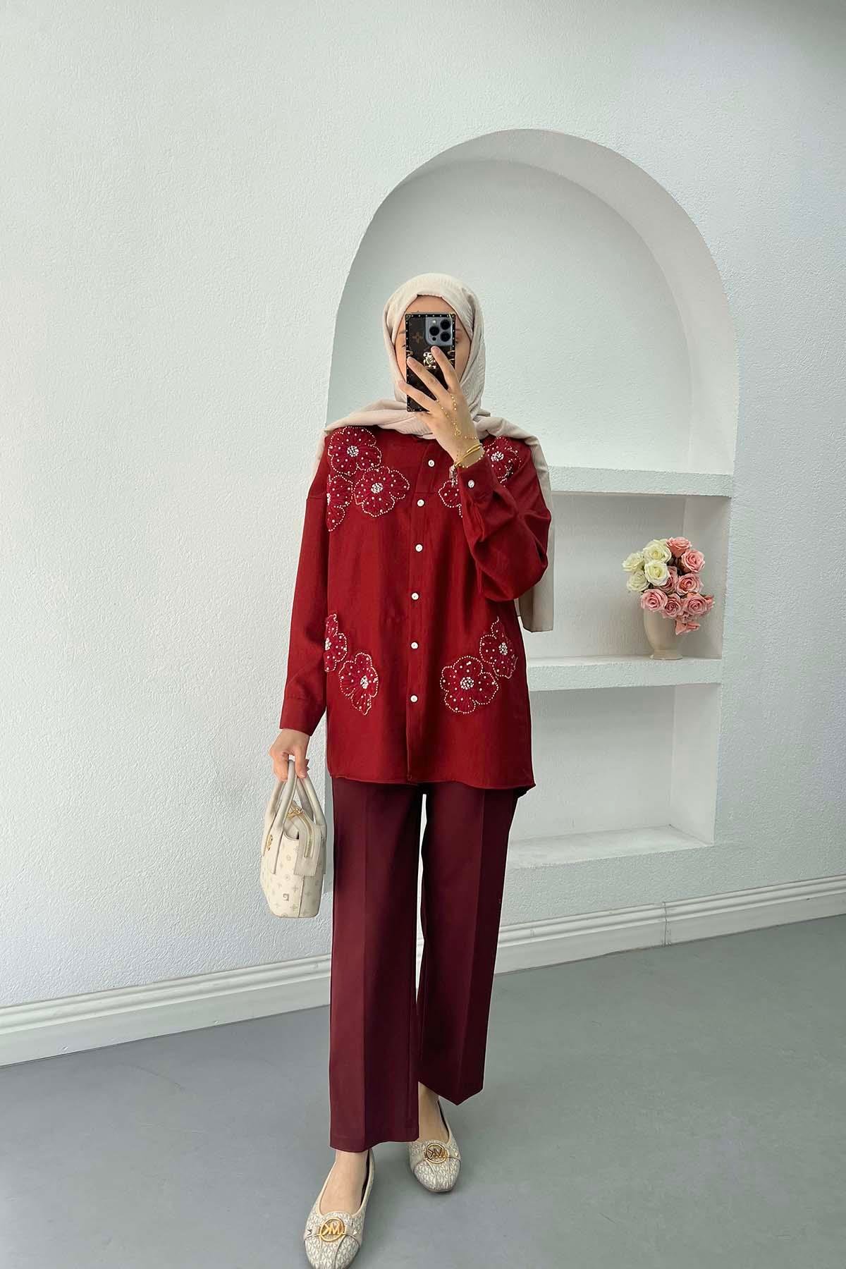 Sare Fashion Tulle Floral Beaded Embroidered Shirt Burgundy
