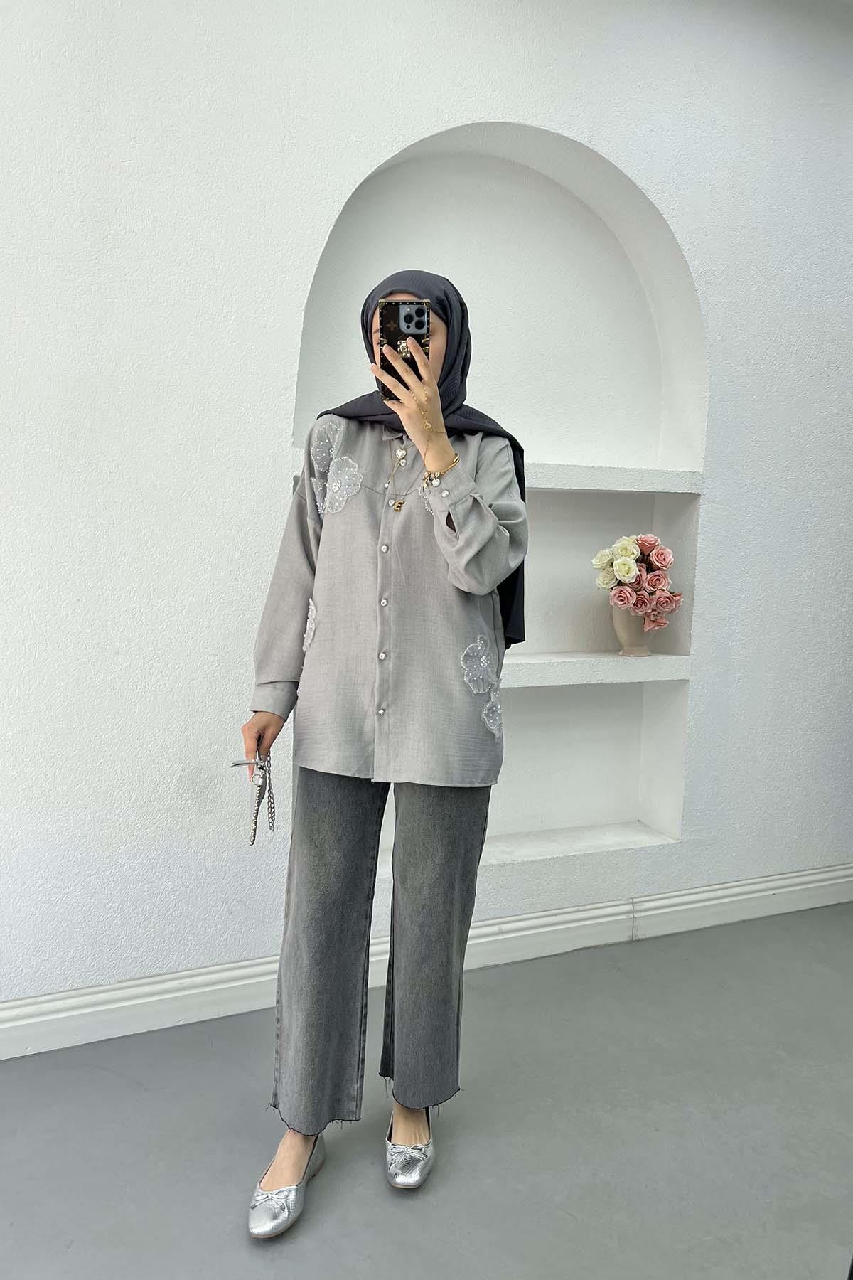 Sare Fashion Tulle Floral Beaded Embroidered Shirt Gray