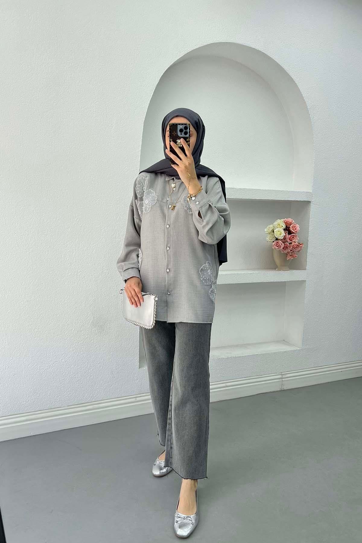 Sare Fashion Tulle Floral Beaded Embroidered Shirt Gray