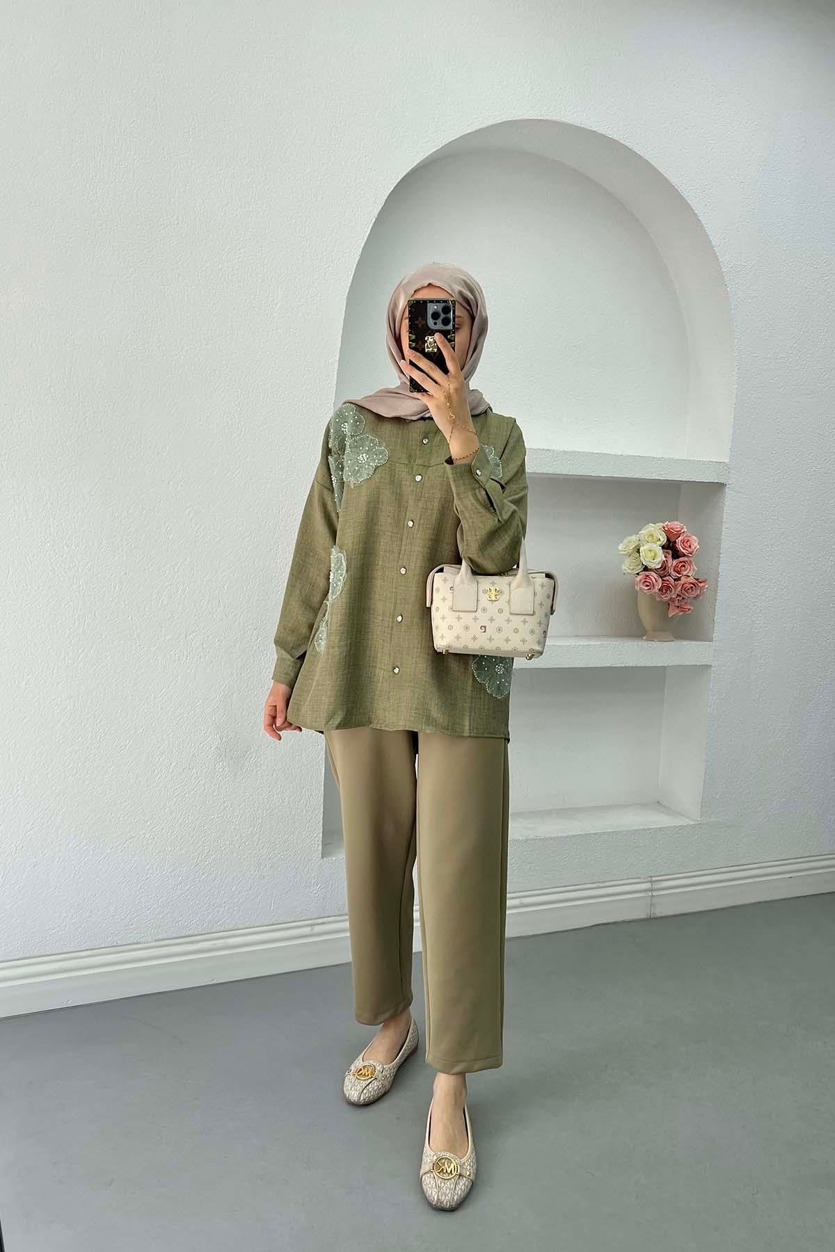 Sare Fashion Tulle Floral Beaded Embroidered Shirt Green