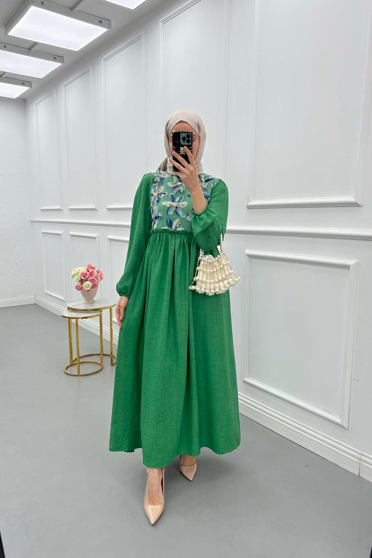 Sare Fashion Tulle Floral Dress Green