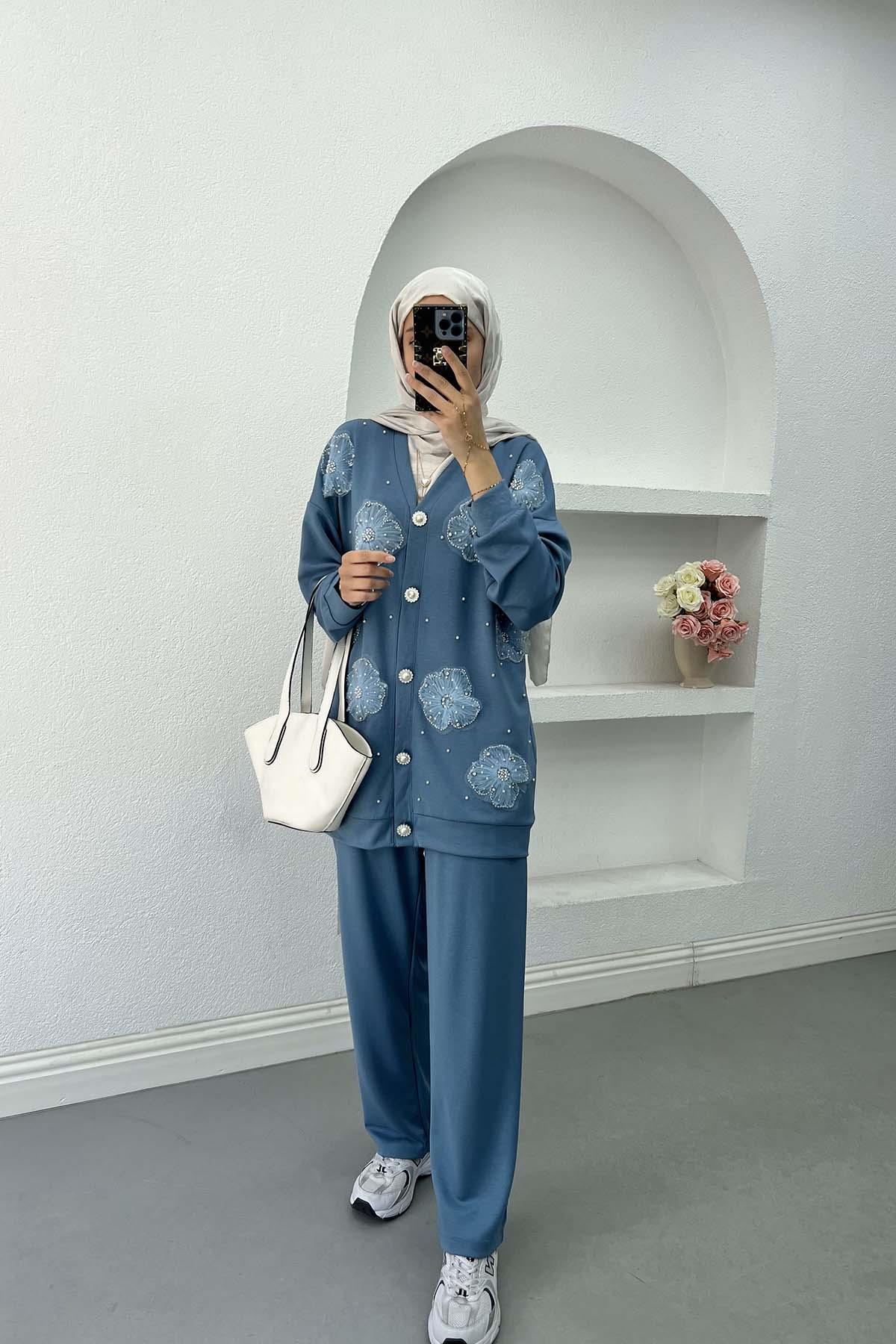 Sare Fashion Tulle Flower Pearl Detailed Two Piece Set Baby Blue