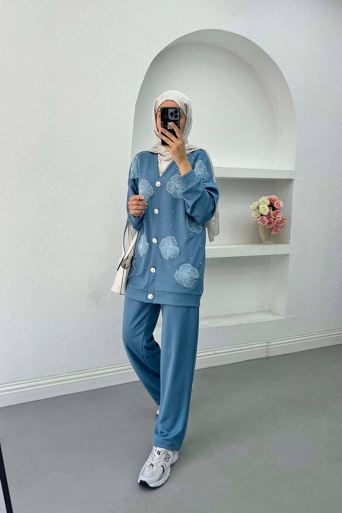Sare Fashion Tulle Flower Pearl Detailed Two Piece Set Baby Blue
