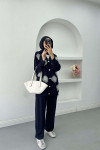 Sare Fashion Tulle Floral Pearl Detailed Two Piece Suit Navy Blue