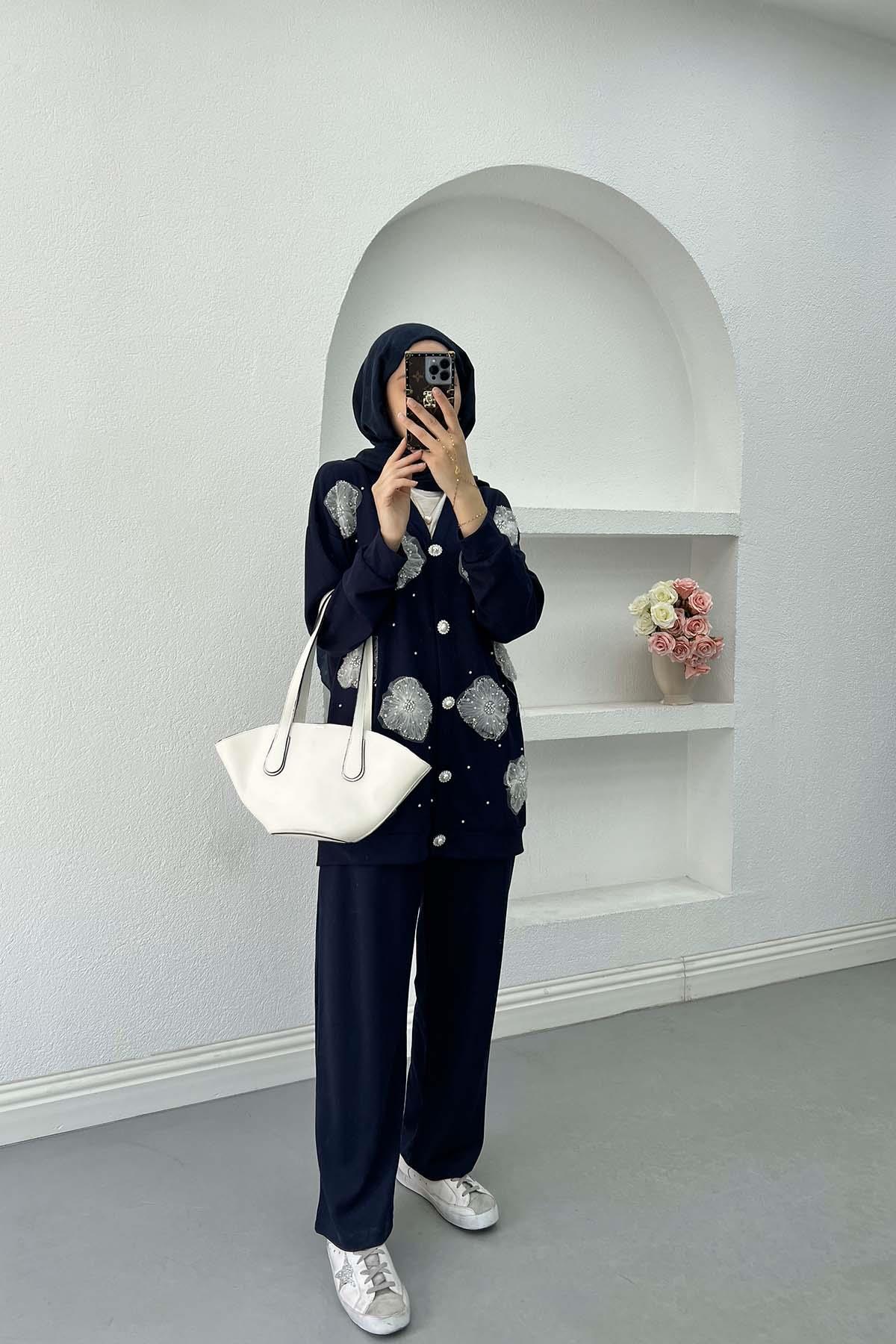 Sare Fashion Tulle Floral Pearl Detailed Two Piece Suit Navy Blue