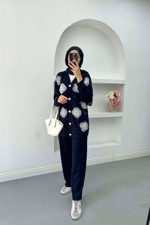Sare Fashion Tulle Floral Pearl Detailed Two Piece Suit Navy Blue