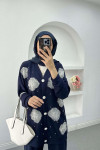 Sare Fashion Tulle Floral Pearl Detailed Two Piece Suit Navy Blue